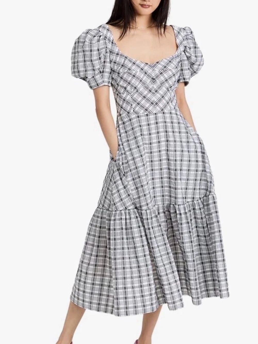 ♥️ NEW Tanya Taylor Danielle Plaid Puff-Sleeve Midi Dress in Black & White